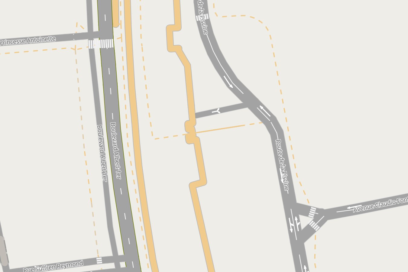 Boulevard Albert 1er and Route de la Piscine at zoom 18: arrows before the junctions, lane lines, zebras, the plaza's sidewalks