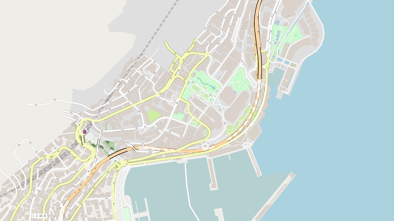 Monaco drawn by mapstyle: streets, paths, buildings, parks, the port and the sea