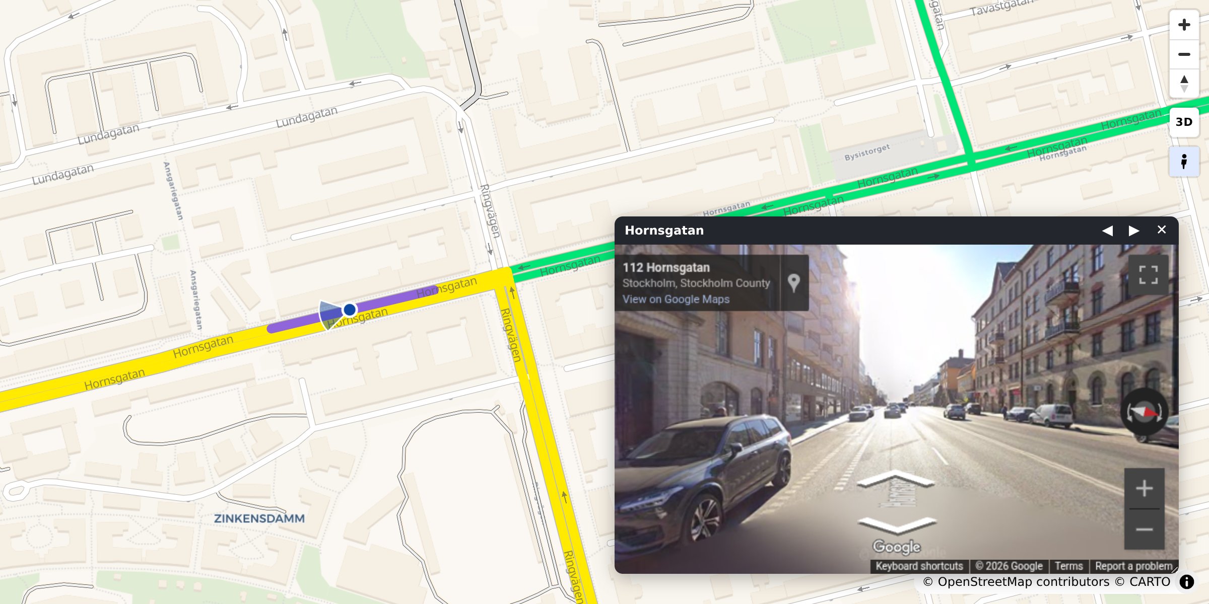 A roadstyle map of Södermalm: Hornsgatan selected, and the floating Street View window showing it