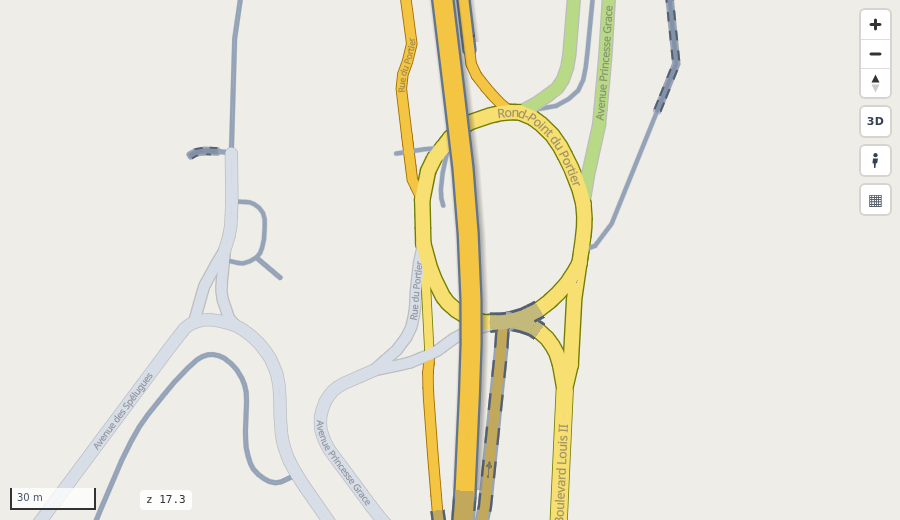 Monaco: a primary road on a bridge over a roundabout, with its slate casing and shadow; a tunnel passes under both